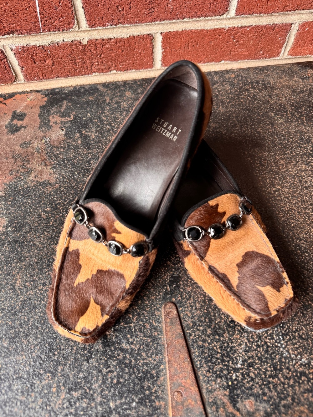 Stuart Weitzman Women's Brown Cowprint Haircalf Loafers made in Spain
